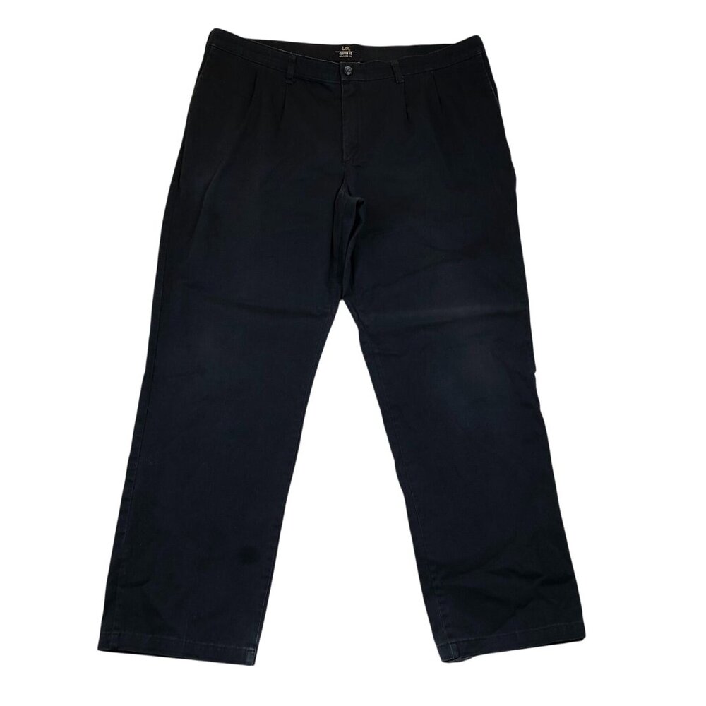 Lee Mens Custom Fit Relaxed Chino Pants 44x34 Black Pleated Straight Work Travel